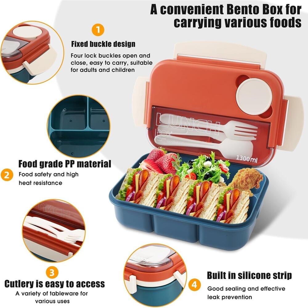 NEW Bento Box Adult Kids Lunch Box – 4 Compartments w/ Utensils Cutlery Sauce - Picture 2 of 7